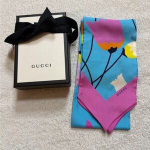Gucci Floral Silk Twilly - Blue and Pink
